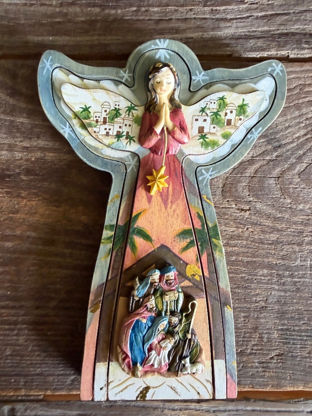 Triple Wooden Outlines Angel with Dimensional Nativity Scene 8 1/4"